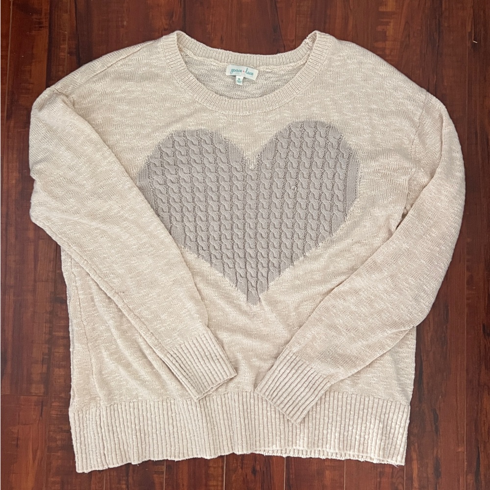 Grace & Lace Cream Sweater with Gray Heart